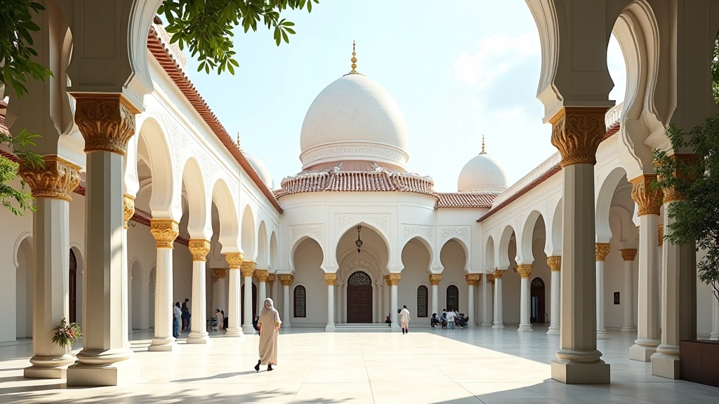 Waqf endowment concept showing mosque and community buildings