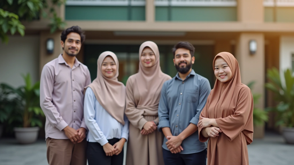 Community members gathered in front of waqf-supported educational facility with students and teachers present