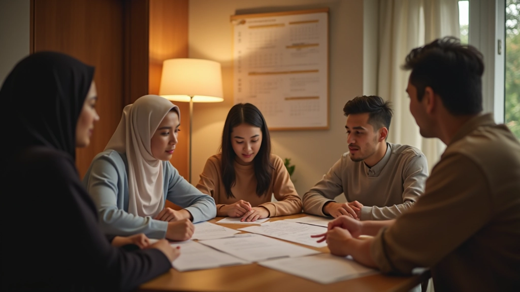 Family gathering around table with financial planning materials and Islamic calendar