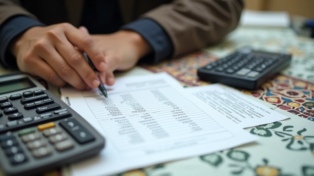 Calculator and financial documents showing zakat calculation on desk with Islamic patterns