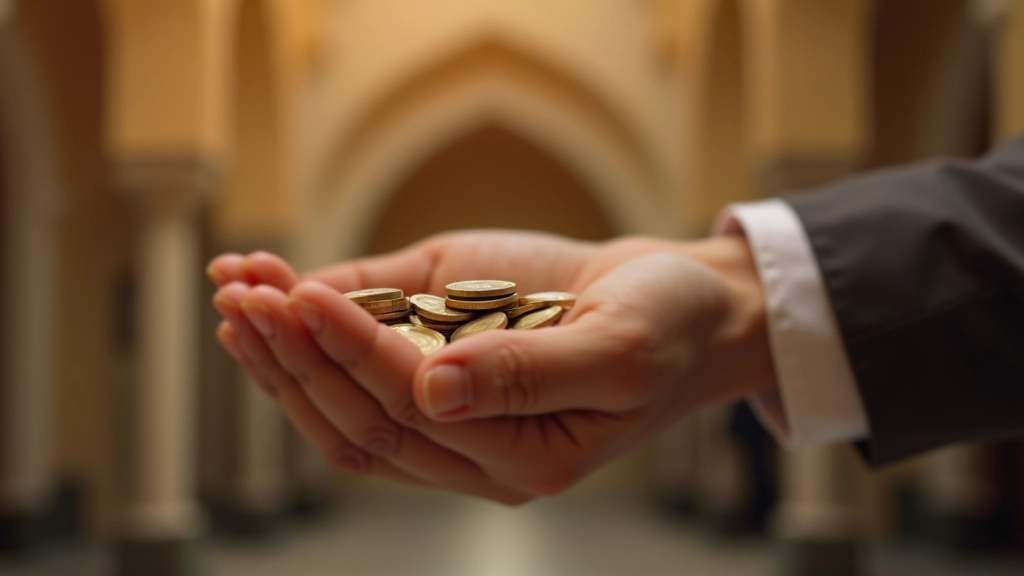 Sadaqah giving concept with hands exchanging coins over Islamic background