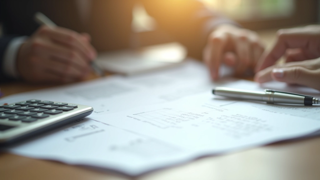 Close-up of Islamic financial planning documents with calculator and notepad on wooden desk