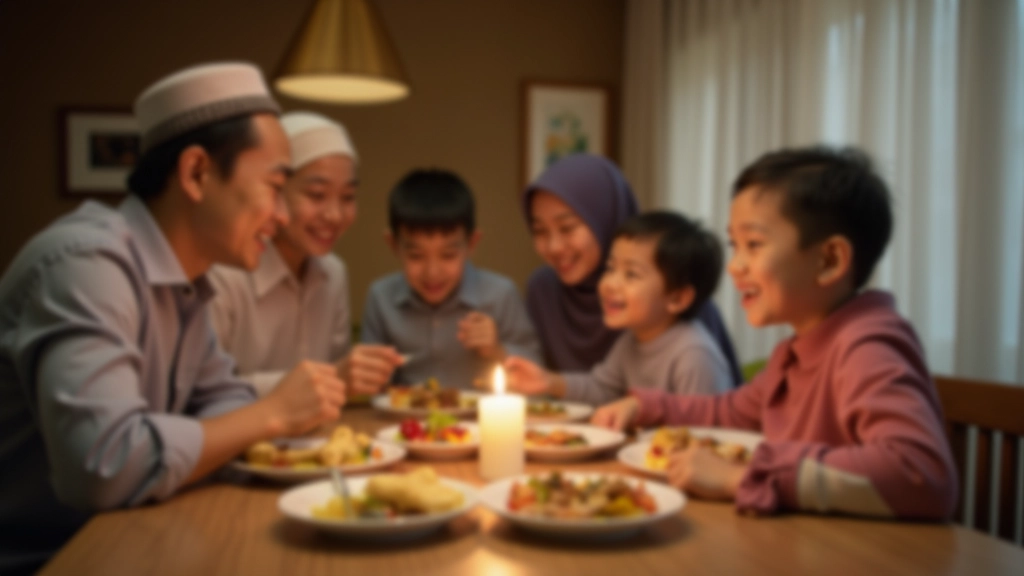 Malaysian family of five sitting together during Ramadan meal, calendar showing Eid date visible on wall