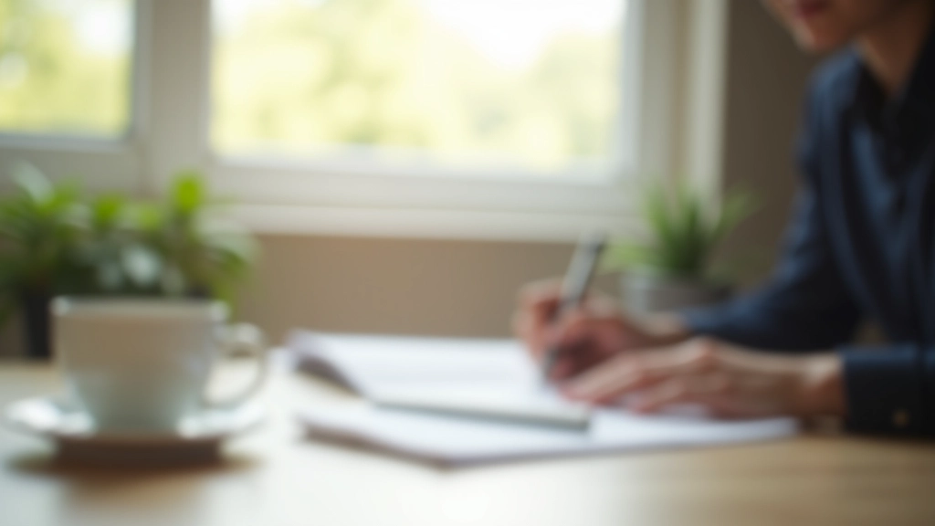 Person writing or planning in a notebook at a desk with coffee, representing daily practice and intention-setting