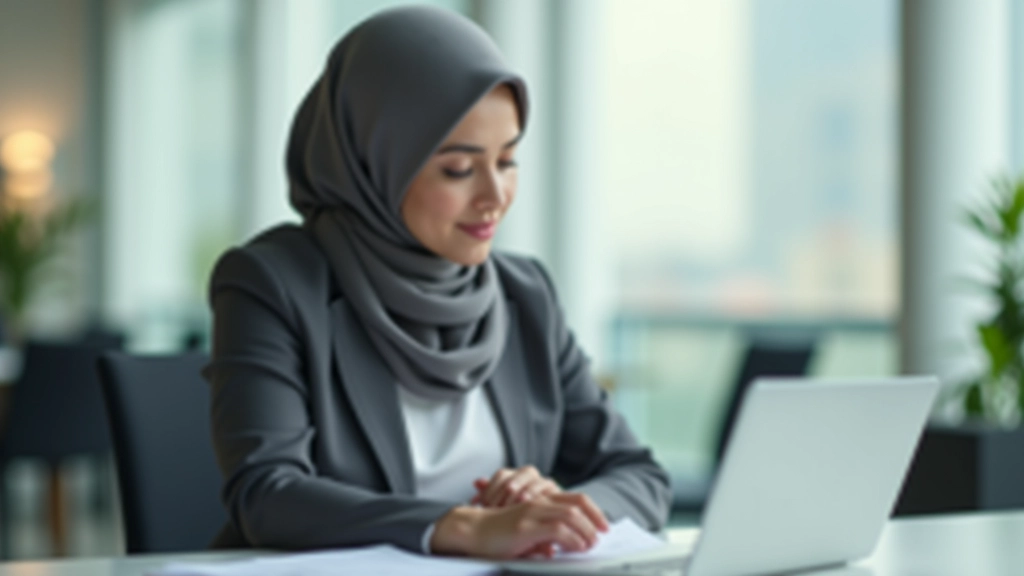 Person reviewing waqf documents and investment statements at modern desk with laptop showing financial dashboard