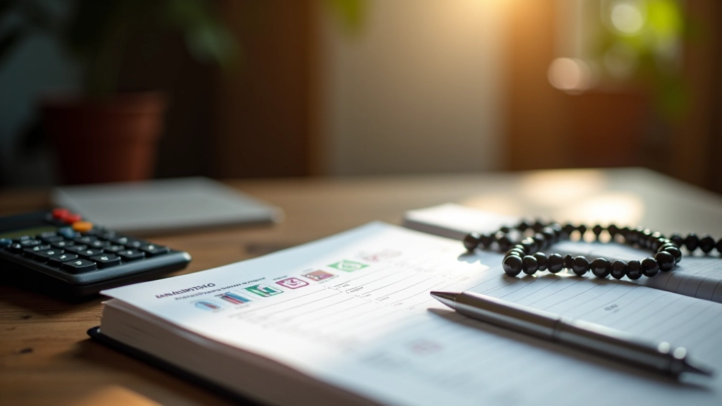 Islamic financial planning workspace with notebook and calculator on wooden desk